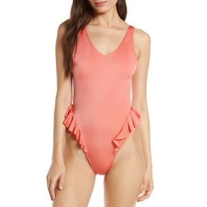 Something Navy Frill Ruffle Coral One Piece Swim